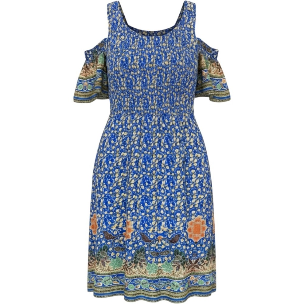Rabbit Rabbit Rabbit Blue Floral Cold Shoulder Smocked Shift Dress Womens Sz 16